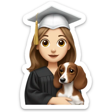Brown haired white girl in graduation cap holding black long haired dachshund  sticker