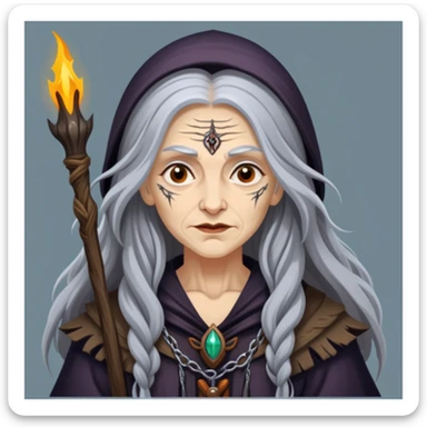 Baba Yaga sorceress woman with long wild hair, forest background sticker