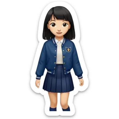 hair : black long hair with fringe 
skin : light 
outer : deep brown varsity jacket (oversize) 
skirt : navy long long school girl skirt (under knee)  
motion : walking alone 


 sticker