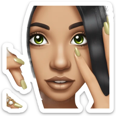 Glamorous, streetwear, black hair, long straight hair, olive skin, green almond eyes, winged eyeliner with big lashes, wearing hooped earrings, rings and bracelets, almond fake nails sticker