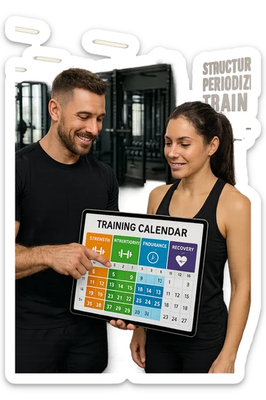 a personal trainer and a client stand in a modern gym, reviewing a large, color-coded training calendar or chart on a tablet. The calendar shows different phases (strength, hypertrophy, endurance, recovery) with icons and dates. Around them, gym equipment and motivational posters reinforce the idea of structured, periodized training. sticker