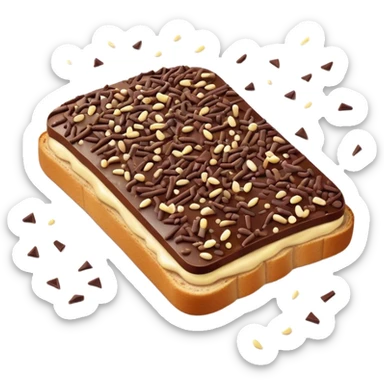 Hagelslag Cinematic Realistic Hagelslag Treat Emoji, depicted as crunchy chocolate sprinkles scattered on a slice of buttered bread, rendered with vivid textures and playful, inviting lighting. sticker