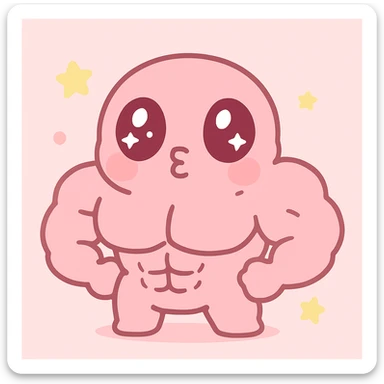 Make the kawaii character look buff and muscular, keep the pretty pink style, exaggerated eyes, pouty lips, cute and dumb expression. sticker