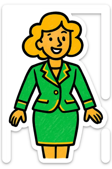 woman in a suit, classic look, green gold and white color scheme, elegant lines, decorative details sticker