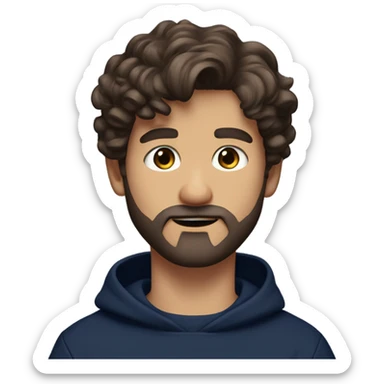 White boy with dark brown medium length wavy hair and a beard and mustache and the prettiest hazel eyes you’ve ever seen wearing navy sweatshirt sticker
