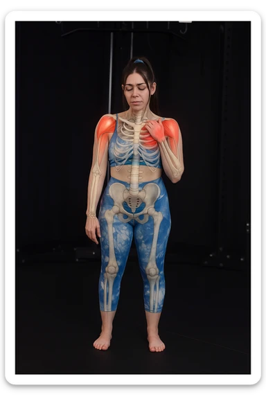 A woman with shoulder pain, add anatomically highlighted shoulders on the body, variant 4, in a style suitable for editing and anatomical emphasis. sticker