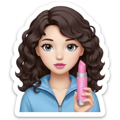 A girl with soft loose wavy curls (not tight), dark brown hair with natural volume, round-almond Douyin-style eyes with long curled lashes, cool-tone neutral makeup. She’s wearing a light-blue athletic outfit and holding a normal-size pink lipstick in one hand.. sticker
