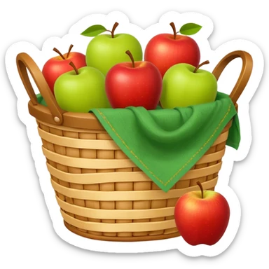 woven basket with apples and cloth on a white wooden chair, yellow sticker