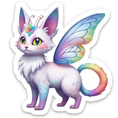 Pure-snow-White albino iridescent with pastel rainbow-gradients-color-markings with swirly patterns butterflies  faerie-Noivern-Noibat-Purloin-Torracat-Lykoi-Caracal-cat-Fakemon-fusion-hybrid-creature sticker