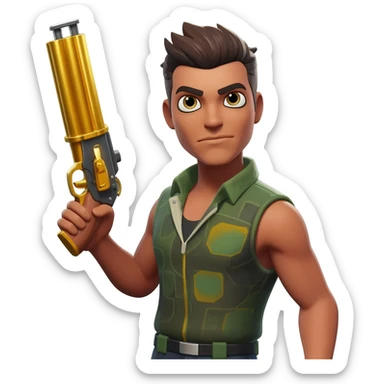 a fortnite default skin holding a gold pump shotgun sticker