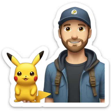 white man with brown hair and beard and a cap, holding and a pikachu pokemon sticker