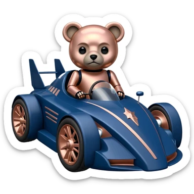  Carbonized Metallic dark blue and rosegold-accented  racing car for furry-faced grey bearded evil alien scary robot teddy bear and passenger with custom aero body and rear spoiler (Star Wars style) sticker
