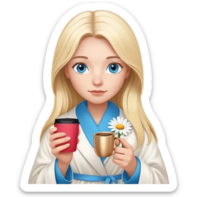 girl
blue eyes
long blond hair with daisy in it
wearing housecoat
holding a mug of coffee
wearing rose gold apple watch  sticker