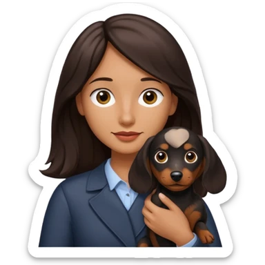 A dark brown long haired a lil bit wavy hair holding a daschund dog black sticker