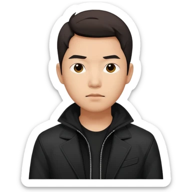 Asian guy with black jacket demure with an edge sticker