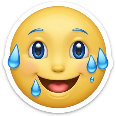 Emoji, yellow round laughing face, blue tears of joy on it. 2 big blue tears on each of the 2 cheeks sticker