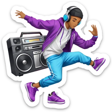 Icon for Street Dance: a dancer in urban streetwear performing a dynamic lower breakdance move, with a spray-painted background, headphones, and a boombox on the asphalt. The icon should capture the energy, style, and creativity of street dance culture. Transparent background. sticker