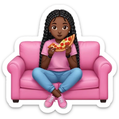 A dark skinned black girl with black box braids eating pizza, on a pink couch in comfy outfit sticker