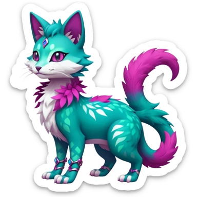 Kawaii cute colorful iridescent dark-turquoise-green and magenta and white beautiful pretty elegant divine edgy feline-vernid-sergal-Fakémon-Pokémon-fursona-animal-creature with accessories, full body, with intricate detailed markings sticker