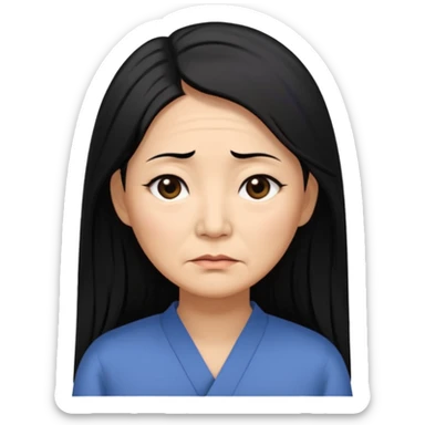 50 yr old asian woman, straight thick long black hair, big black, side part, tired sticker