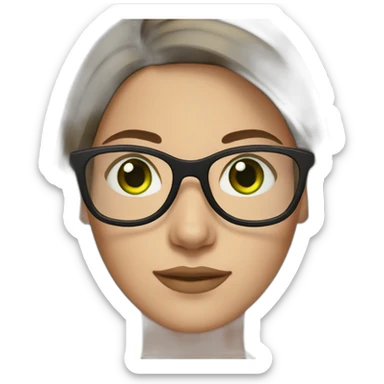 White woman with long dark brown straight hair and green eyes using glasses writing sticker