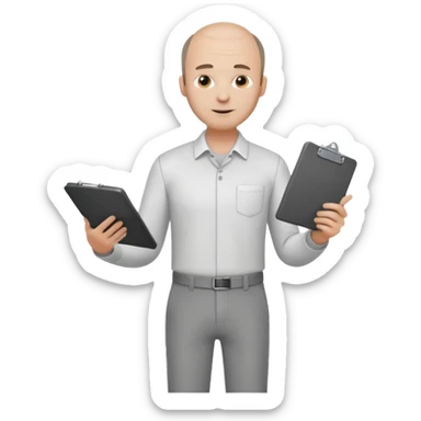 man mid 30's shirt and trousers balding hairline standing holding a clipboard sticker