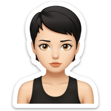 a white woman with short tomboy black hair with beauty spot on top of her lip wearing men's black tank top sticker