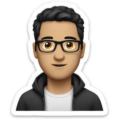 a guy with blck hair, short black hair, glasses, black eye, white skin sticker