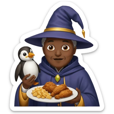Black wizard eating fried chicken holding a penguin  sticker