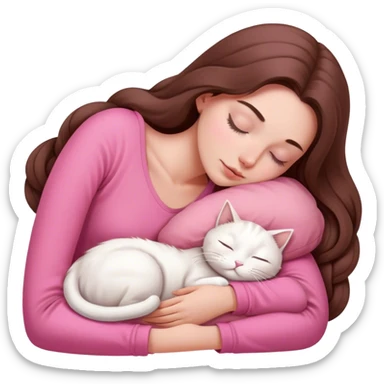 A pretty white girl with very long brown hair and pink clothing sleeping curled up to a white cat  sticker