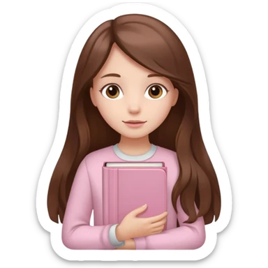 girl with fair skin and long brown hair holding a closed pale pink book sticker