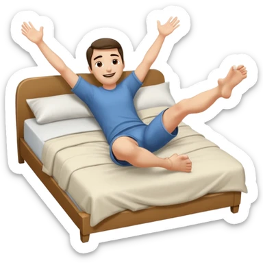 A man in bed laying down under covers kicking feet because excited to sleep arms are down and he is smiling with eyes closed and feet are kicking in air. sticker