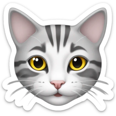 light colored grey and white tabby cat head little fluffy and cute smile with yellow eyes and black public sticker