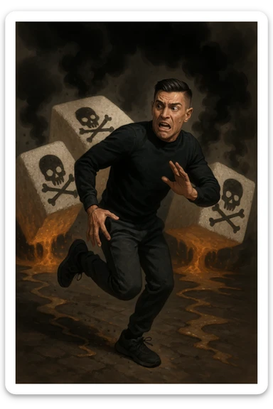 Create an image of a man in his thirties inspired by the face in the reference photo, fleeing with a scared expression. He is running away from huge stylized sugar cubes depicted as toxic, with dark halos, poison symbols like skulls, and black smoke. On the ground, there are traces of sugar melting and corroding whatever they touch. The man appears determined to escape, dressed in sporty or casual clothes. The atmosphere is dark but dynamic, with strong symbolism of sugar as a harmful substance. sticker