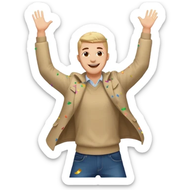 hombre sonriendo saltando con los brazos hacia arriba saltando, con explosivos, confites volando, sticker