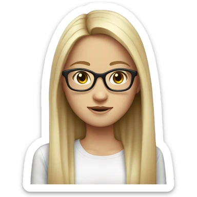 white girl with back straight long hair, brown eyes, glasses sticker