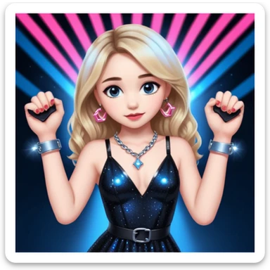Sabrina carpenter at concert wearing a black sparkly dress with a silver sparkle v neck she is holding up pink handcuffs towards audience and kneeling, blue and red lights setting  sticker