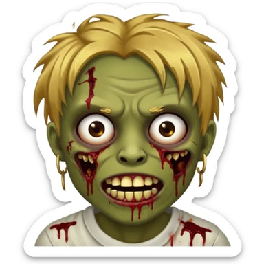 Brown-skinned zombie with messy gold hair, wide centered brown eyes, dark bloody marks under the eyes, and a slightly open mouth showing crooked teeth grillz, giving a distressed, undead look. sticker