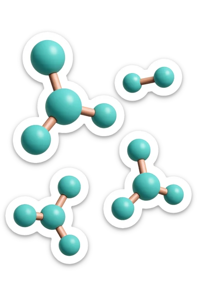 emoji 3d stile iphone di cinque molecole chimiche turchesi e rosa salmone che fluttuano in aria 3d sticker