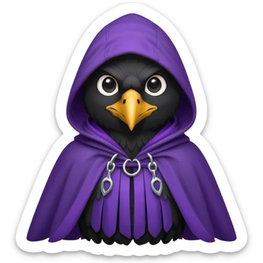 black realistic raven wearing a purple and black hooded cloak sticker