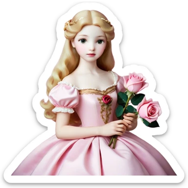 Cinematic Realistic Sleeping Beauty (Aurora) Portrait, with porcelain-like skin featuring a natural rosy flush, illuminated by soft lighting that highlights the gentle contours of her face. Her golden blonde hair flows in soft, detailed waves with subtle highlights that shimmer in the light. Her deep violet-blue eyes radiate warmth and innocence, framed by arched brows and long lashes. With a soft, serene smile, she holds a delicate rose gently in one hand, her other hand resting lightly by her side. She is dressed in her classic pink gown, the fabric rich in texture with delicate folds that catch the light. A golden crown rests atop her head, gleaming with royal refinement. The portrait captures a soft, glowing aura, blending realism with an ethereal sense of beauty and timeless enchantment. sticker