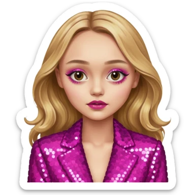 Lily-Rose Depp with long golden blonde hair, dark pink sequin outfit, makeup sticker