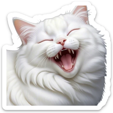 Cinematic Cute Yawning White Cat Portrait Emoji, Head gently tilted with an endearing, wide-open yawn and softly closed eyes, showcasing a pristine white fur with delicate hints of silver, simplified yet irresistibly adorable, highly detailed, glowing with a tender, cozy radiance, high shine, exuding sleepy charm and gentle affection, styled with a soft glowing outline, capturing the essence of a white cat caught mid-yawn, radiating pure, adorable lethargy! sticker