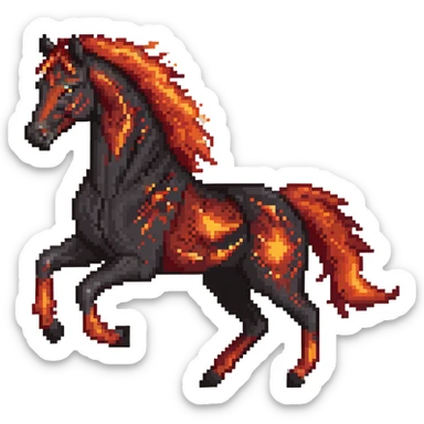 Red fast fire horse made of embers, magma, visible lava, burning, with ash particles surrounding it. Horse galloping with a fiery mane and tail. sticker