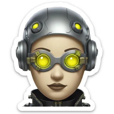 Fat Caucasian female cyborg head with Neon yellow bobbed hair, silver steampunk goggles and circuits sticker