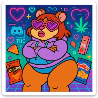 Vibrant, square Discord server icon for 'The Hamster Cult (THC)'. Central character: thick tan anthro cute hamster girl with big thighs, chubby tummy, pouty lips, and a bratty attitude, wearing a pastel hoodie and heart-shaped sunglasses. Colorful, vaporwave-inspired background with neon hearts, fruitger aero and webcore pixel details, weed leaf, subtle 'THC' logo, and surrounded by nostalgic snacks. Playful, bratty, chaotic but polished, perfect for a Discord icon. sticker
