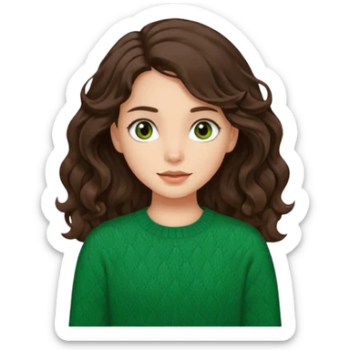 Una chica güera con pelo ondulado, café oscuro, largo, ojos cafés oscuros y con suéter o camisa verde sticker