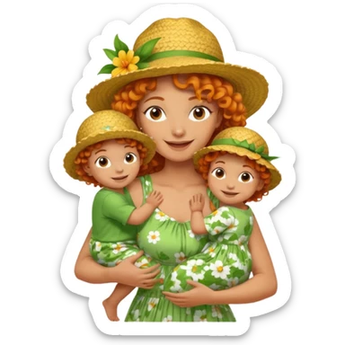 A cheerful orange curly hair mom in a straw hat carrying her child, wearing a green flowery dress sticker