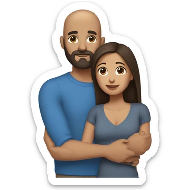 Comforting hug from brunette Puerto Rican with dark brown eyes wearing a cute blue top to short, bald man with brown eyes and a beard wearing a sweater sticker