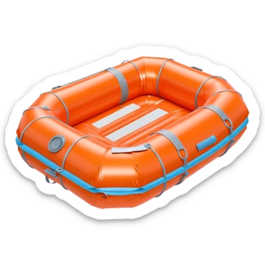 3D render of Life Raft made of shiny inflatable vinyl, visible seam lines, air valve, highly reflective plastic texture, pool toy aesthetic. sticker